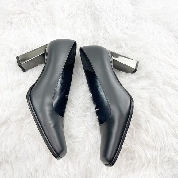 Stuart Weitzman Metallic Block Heel Square Toe Leather Shoes - Picture 5 of 8